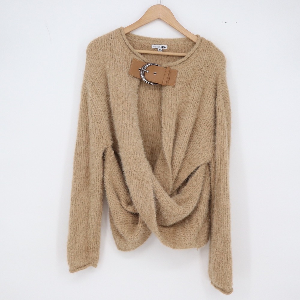 Fashion Nova Sweater Womens XL Tan Fuzzy Buckle Crossover Front Excellent